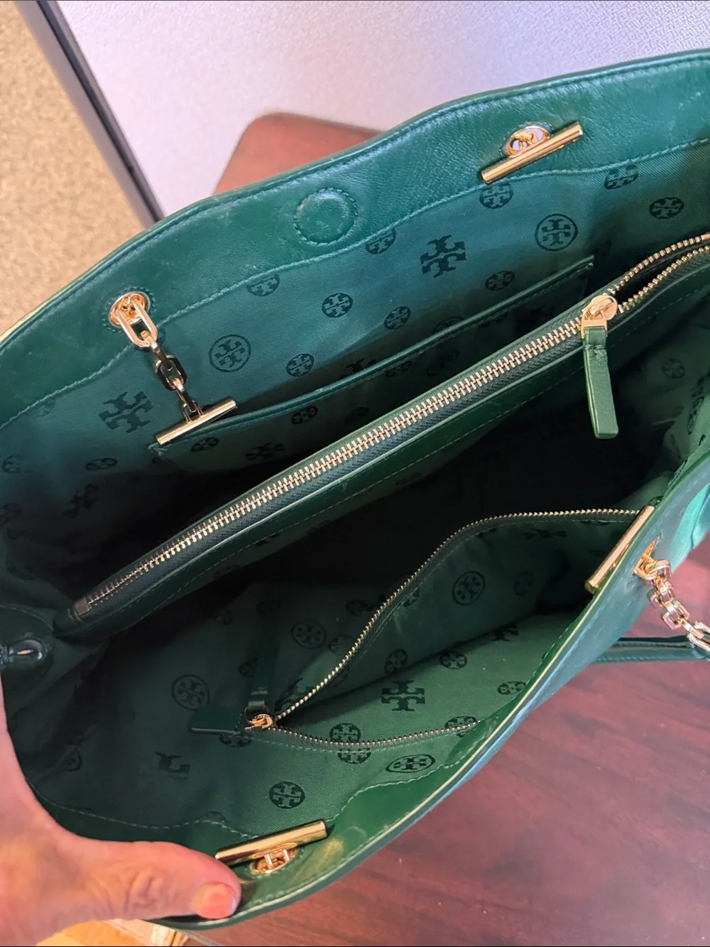 Tory Burch Emerald Green Leather Tote with Gold Chain Accents